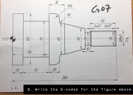 30 R10 RS 50 2x45。 245° xoZo 10 20 50 20 200 Q. Write the G-codes for the figure above
