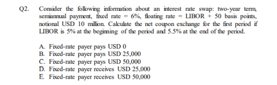 Consider the following information about an interest rate swap: two-year term, semiannual payment, fixed rate = notional USD