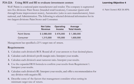 P24-22A Using ROI and RI to evaluate investment centers Learning Objective 4 Wolf Paints is a national paint manufacturer and