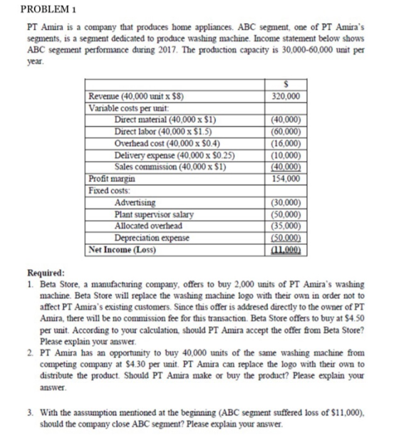 PROBLEM 1 PT Amira is a company that produces home appliances. ABC segment, one of PT Amiras segments, is a segment dedicate