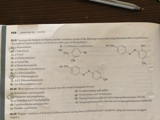 VSNa 938 CHAPTER 20 AMINES g with benzene or toluene, outline a sy nthesis of each of the following compounds using diazonium