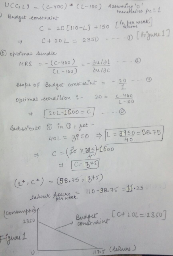 UCC, L) (c-400) CL-100 Assumiry mindlaire pe1 Budget constoan C=20 [110-L] +150 teums o [Huu17 C+ 20 L 2350 optfmal bimolle (