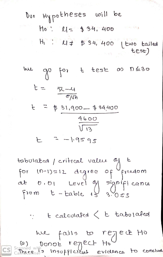 Hypotheses w H, U 34, 400 [two tailed test wwe 3 34400 $-900, ו UT3- ヒ 匕 tabulakcd crittcal valui or n-)-12 dee o aと 0.61 Lev