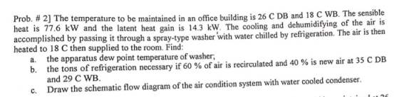 Prob. # 2] The temperature to be maintained in an office building is 26 C DB heat is 77.6 kW and the latent heat gain is 14.3