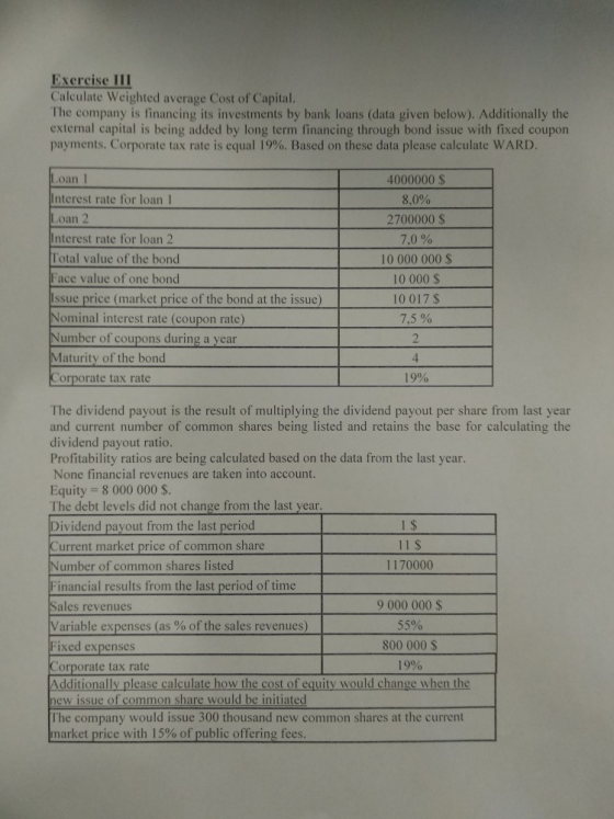 Exercise III Calculate Weighted average Cost of Capital. The company is financing its investments by bank loans (data given b
