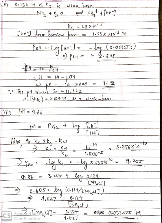 O.134 M N 1 ^ 1) weak bere 1.553 X10S M = .808 14-2808 The Volus is n 11.19 2 a weakape D. 134 M 9.86 - PKa t HA AroKaxky -14