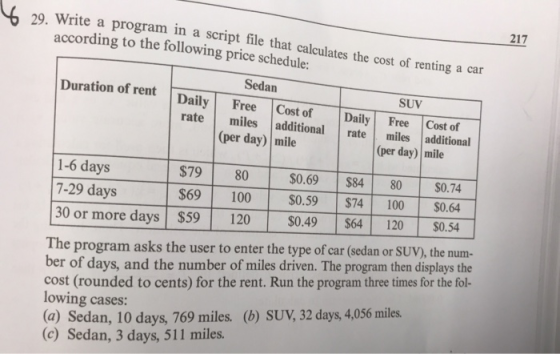 6 29. Write a program in a script file that calculates the cost of renting a according to the following price schedule: 217 S