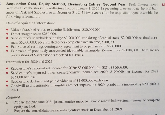 Acquisition Cost, Equity Method, Eliminating Entries, Second Year Peak Entertainment LO acquires all of the stock of Saddlest
