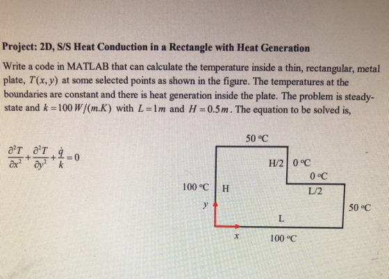 Project: 2D, S/S Heat Conduction in a Rectangle with Heat Generation Write a code in MATLAB that can calculate the temperatur