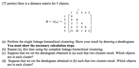 (75 points) Here is a distance matrix for 5 objects. 12345 1Го 5 L 10 280 (a) Perform the single linkage hierarchical cluster