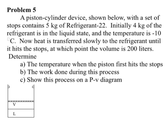 Problem 5 A piston-cylinder device, shown below, with a set of stops contains 5 kg of Refrigerant-22. Initially 4 kg of the r