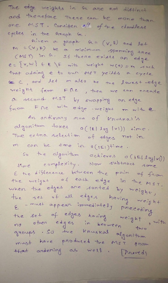The edge weights in ote ndistin and thenejone Thete can be mone han are MST. Corside cyeles in the maph CMST) hat adding e t