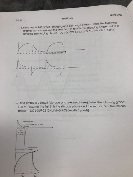 Spring 2019 Final Exam ELC 131 18. For a simple R-C circuit (charging and discharge phases), label the following graphs: Vc,