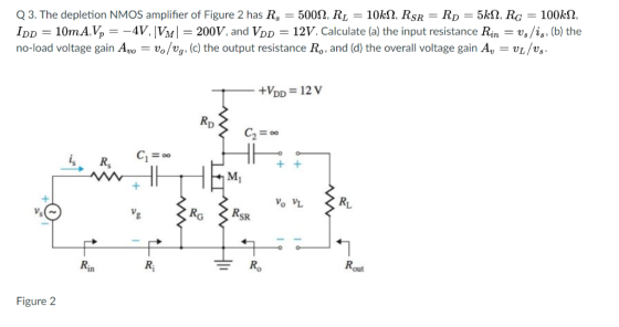 Q 3. The depletion NMOS amplifier of Figure 2 has R,-50052. RL-10kS2. RSR-RD-5kS2. RG-100kS2. IDD 10mA.Vp4V, |VMl 200V, and V