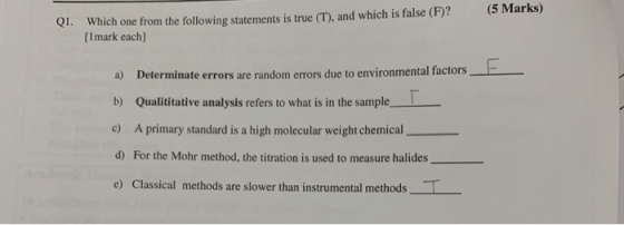 Which one from the following statements is true (T), and which is false (F)? [I mark each (5 Marks) Q1. random errors due to