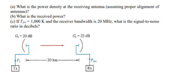(a) What is the power density at the receiving antenna (assuming proper alignment of antennas)? (b) What is the received powe