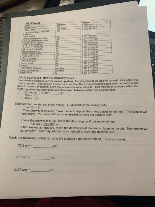 Number per student per 4 students per 2 students MATERIALS: Location Rin Item Metric Ruler Meter Stck Laminated paper with in