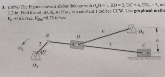 , D06-3, an α6 if ω2 is a constant l rad/sec CCW. Use graphical meth 1, BD-2, DC 4 3. (30%) The Figure shows a sixbar linkage