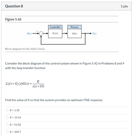 Question 8 1 pts Figure 5.42 Controller Process G (s) Y(s) R(s) G(s) Block diagram for the Skills Check. Consider the block d