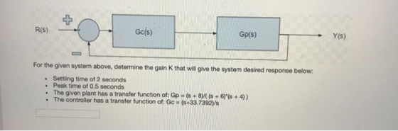 Y(S) Gp(s) Gc(s) R(S) For the given system above, determine the gain K that will give the system desired response below . Set