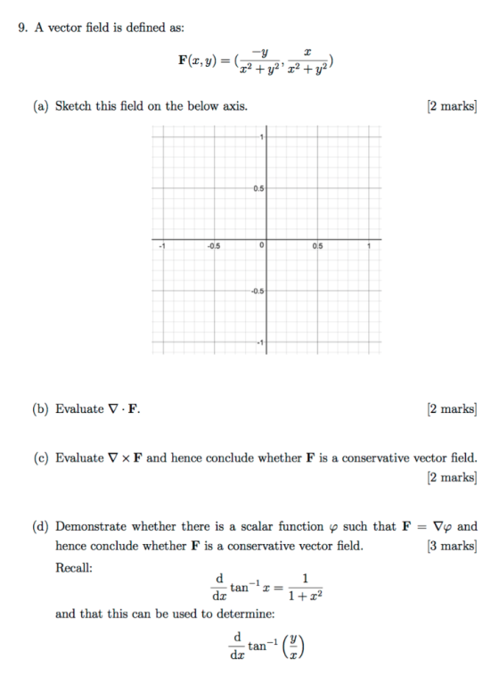 9. A vector field is defined as: 2 marks (a) Sketch this field on the below axis. 0.5 0.5 0.5 2 marks (b) Evaluate ▽ . F. (c)