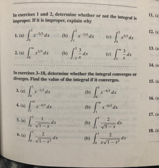 1 and 2, determine whether or not the integral is In exercises improper. If it is improper, explain why 12. (a) 12 x-2/5 dx 「