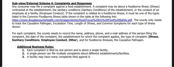 Sub-view/External Schema 4 Complaints and Responses Any consumer may file a complaint against a food establishment. A complai