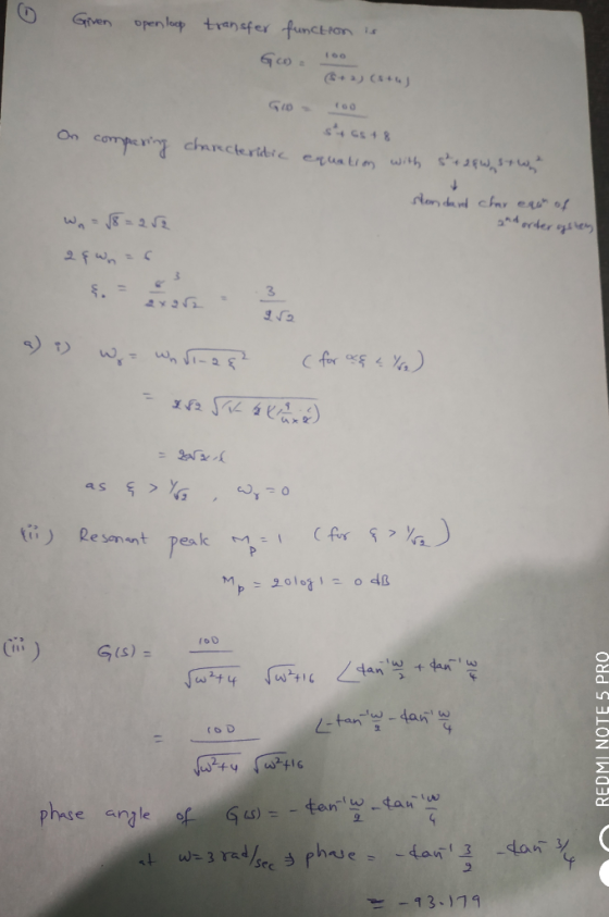 Given Ppen loep transfer function s On comye carcleridie eruatim wih s lon da cfny e of and erder oe 2fwn § = 3 w -2 ( EN as