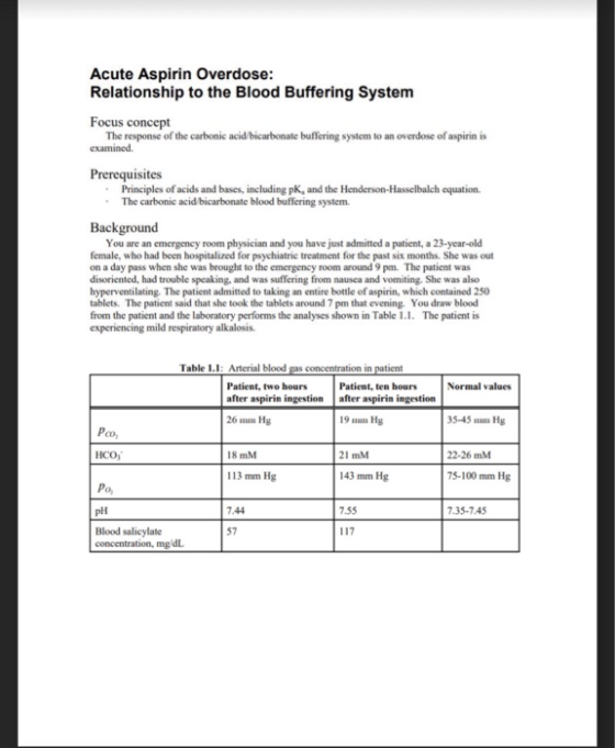 Acute Aspirin Overdose Relationship to the Blood Buffering System Focus concept The response of the carbonic acid/bicarbonate