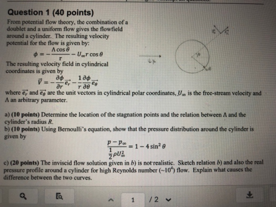 Question 1 (40 points) From potential flow theory, the combination of a doublet and a uniform flow gives the flowfield around