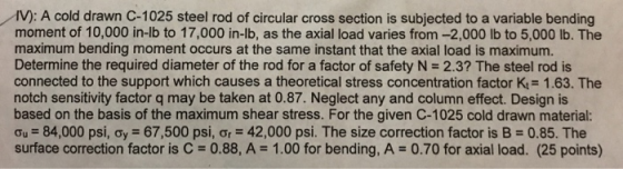 df 1n mon diame ss: F size 0.70 V): A cold drawn C-1025 steel rod of circular cross section is subjected to a variable bendin