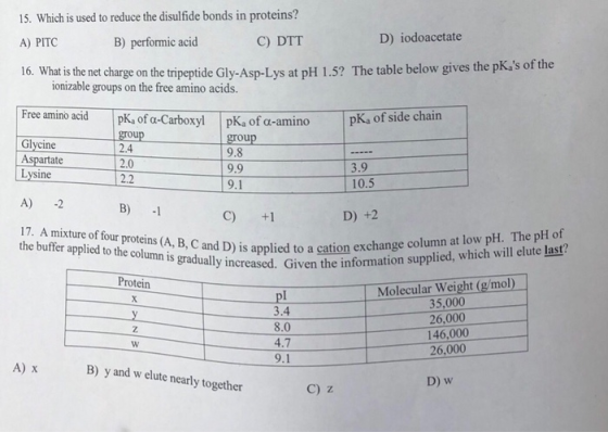 15. Which is used to reduce the disulfide bonds in proteins? D) iodoacetate B) performic acid C) DTT A) PITC 16. What is the