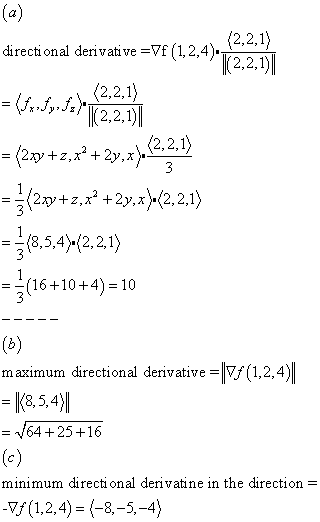directional derivative =▽f (1,2,4 22.1) 2+2x) (2.2.1) 8,5,4) 12,21) 6410 maximum directional derivative 1,2.4 =K8, 5,4 /64 +2