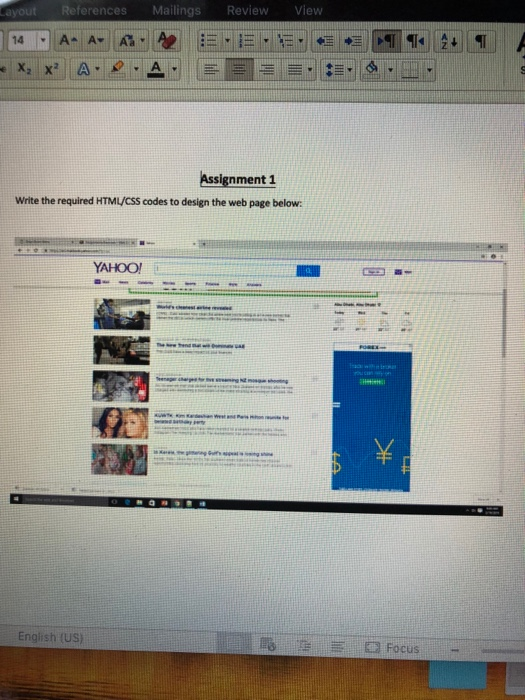 ayout References Mailings ReviewView nment 1 Write the required HTML/CSS codes to design the web page below: YAHOO English (U