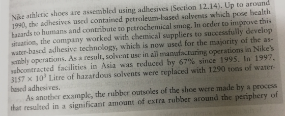 Nike athletic shoes are assembled using adhesives (Section 12.14). Up to around 1990, the adhesives used contained petroleum-