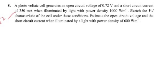 A photo voltaic cell generates an open circuit voltage of 0.72 V and a short circuit current of 350 mA whenmiated by light wi