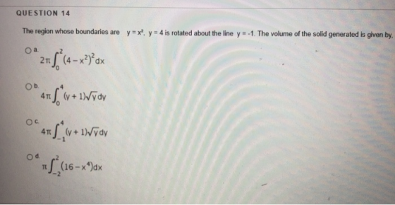 QUESTION 14 The region whose boundaries are yx, y = 4 is rotated about the line y-1. The volume of the solid generated is giv