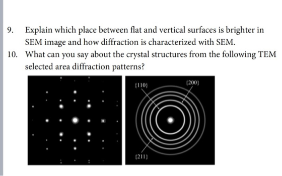 Explain which place between flat and vertical surfaces is brighter in SEM image and how diffraction is characterized with SEM