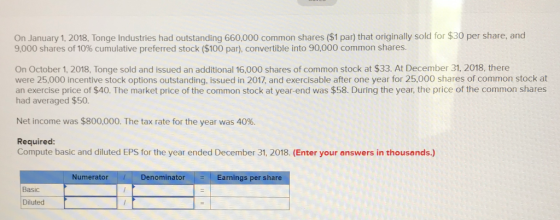 On January 1, 2018 Tonge Industries had outstanding 660,000 common shares ($1 par) that originally sold for $30 per share, an