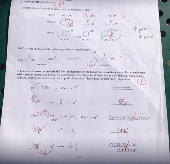 3. Acids and Bases. (15 pts) (a) Circle the weakest acid in each series shown below (9 pts). Series 1 HC CH2 Series 2 OH он O