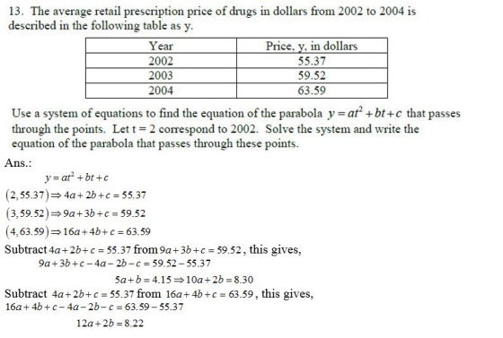 13. The average retail prescription price of drugs in dollars from 2002 to 2004 is described in the following table as y Pric