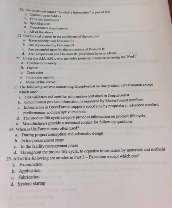 20. The docum ent named Available Information is part of the: a. Instruction to bidders b. Contract documents c. Specificat