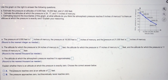 Use the graph on the right to answer the following questions. 354 a. Estmate the pressure at altitudes of 6,000 feet, 18,000