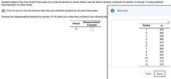 Quarterly data for the most recent three years of a products demand is shown below. Use the data to develop a forecast for pe