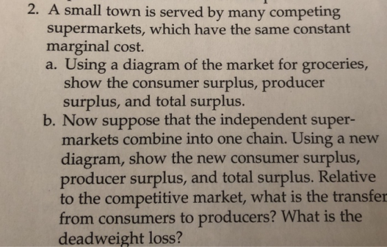 2. A small town is served by many competing supermarkets, which have the same constant marginal cost. a. Using a diagram of t
