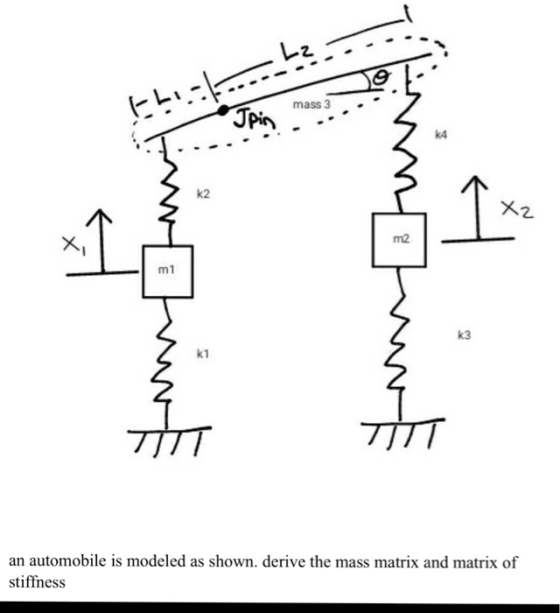 mass 3 k4 k2 X2. m2 m1 k3 k1 an automobile is modeled as shown. derive the mass matrix and matrix of stiffness