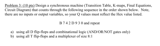 Problem 3: (10 pts) Design a synchronous machine (Transition Table, K-maps, Final Equations, Circuit Diagram) that counts thr