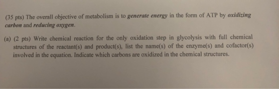 (35 pts) The overall objective of metabolism is to generate energy in the form of ATP by oxidizing carbon and reducing oxygen