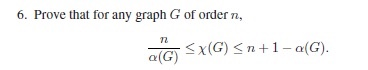6. Prove that for any graph G of order n an x(G) Sn + 1-a(G) α(G)