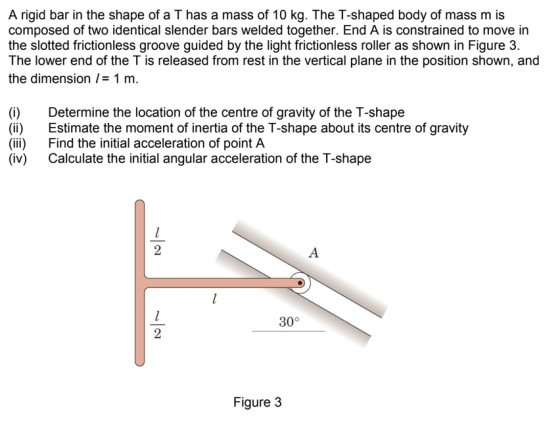 A rigid bar in the shape of a T has a mass of 10 kg. The T-shaped body of mass m is composed of two identical slender bars we
